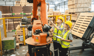 Two factory workers looking at a machine