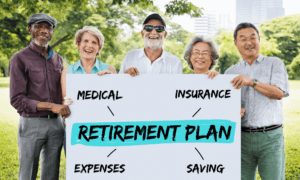 People holding a sign that says retirement plan