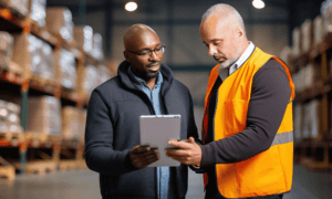 Two people looking at a tablet