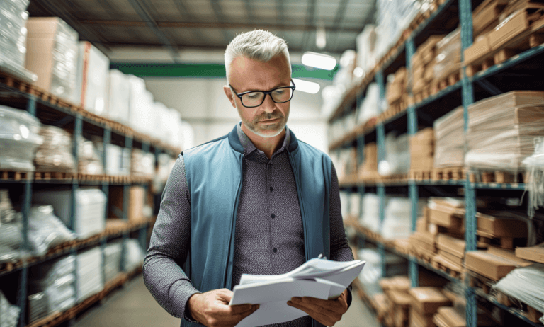 Someone in a warehouse looking at papers