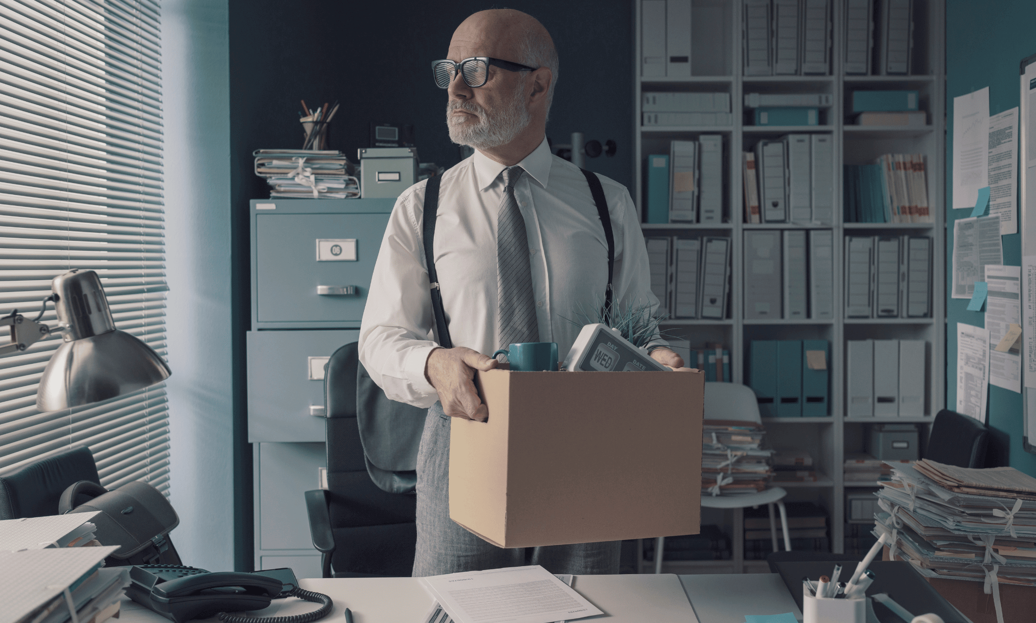 A person holding a box filled with office stuff