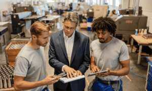 Three people looking at a piece of paper