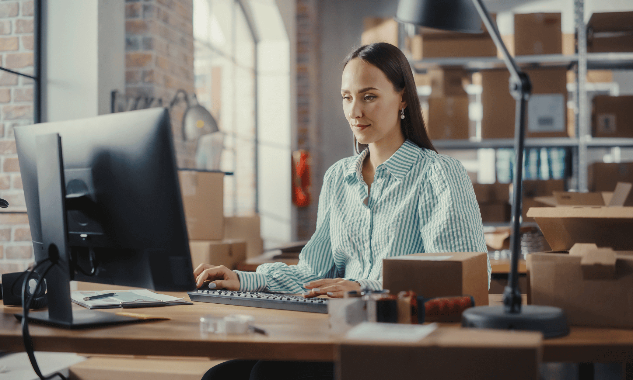 Someone working on a computer in a warehouse.