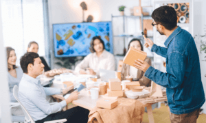 A group of people looking at products.