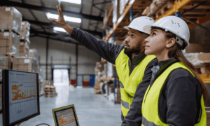 Two people working in a manufacturing warehouse.