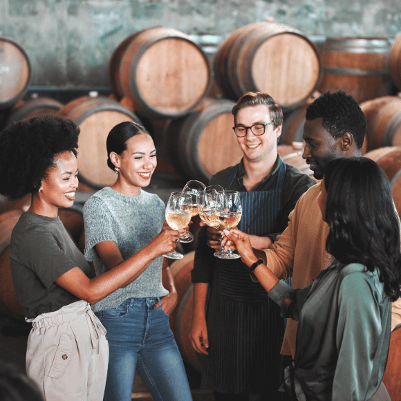 People cheering wine glasses.