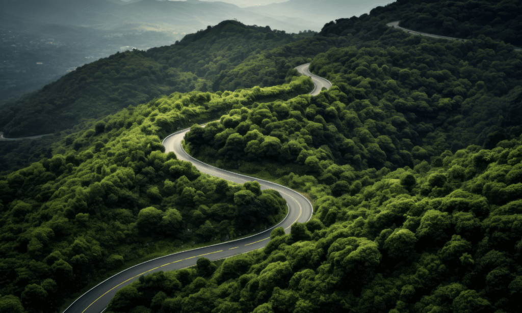 Road running through mountain with trees.