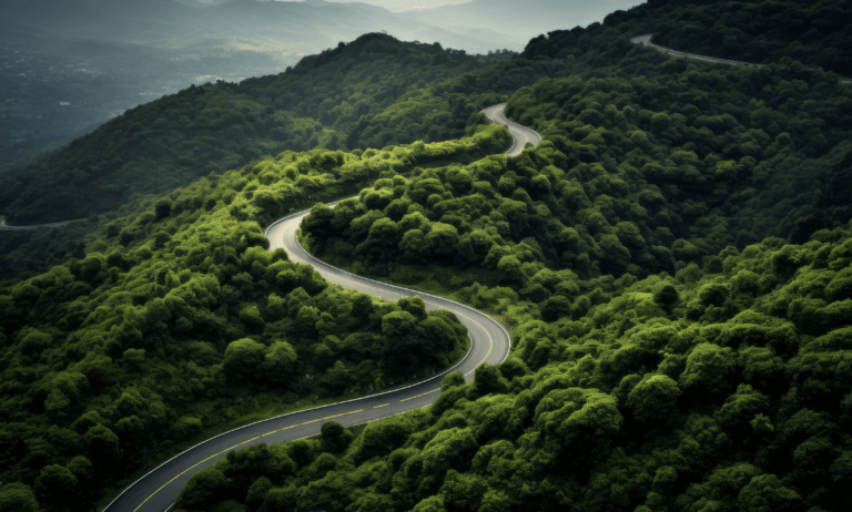 Road running through mountain with trees.