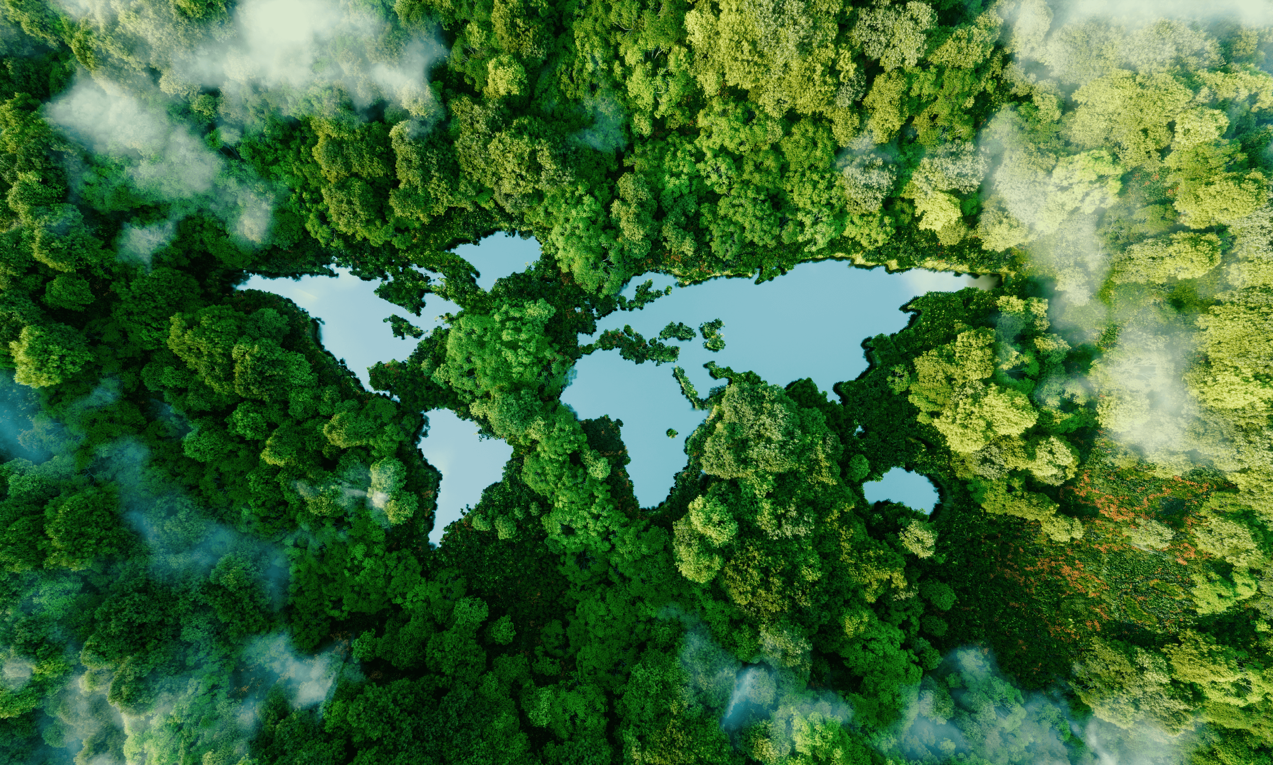 World map overlayed on nature background.