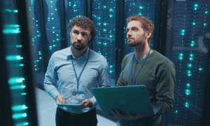 tow people in a data center