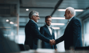 Three people two of which are shaking hands