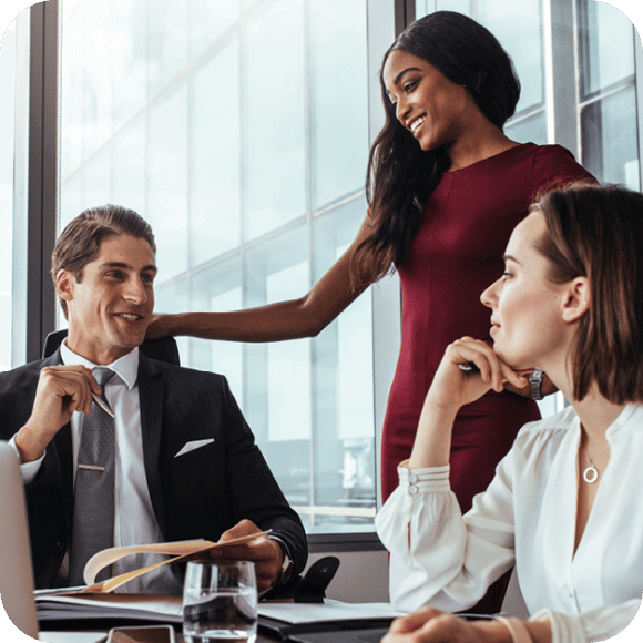 Three people talking