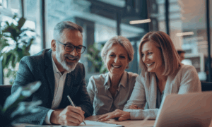 Three people looking at a laptop