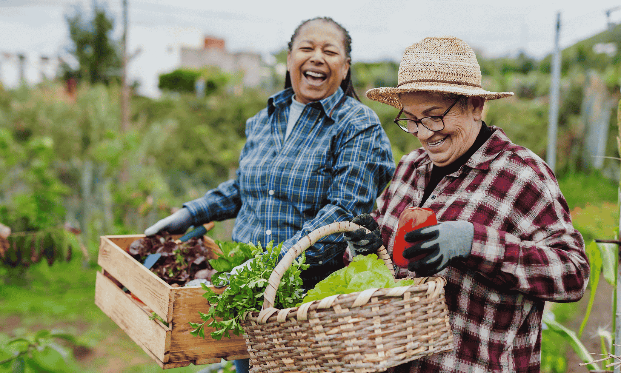Two people holding baskets
