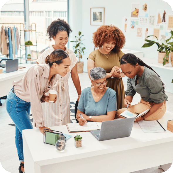 Five people looking at a laptop