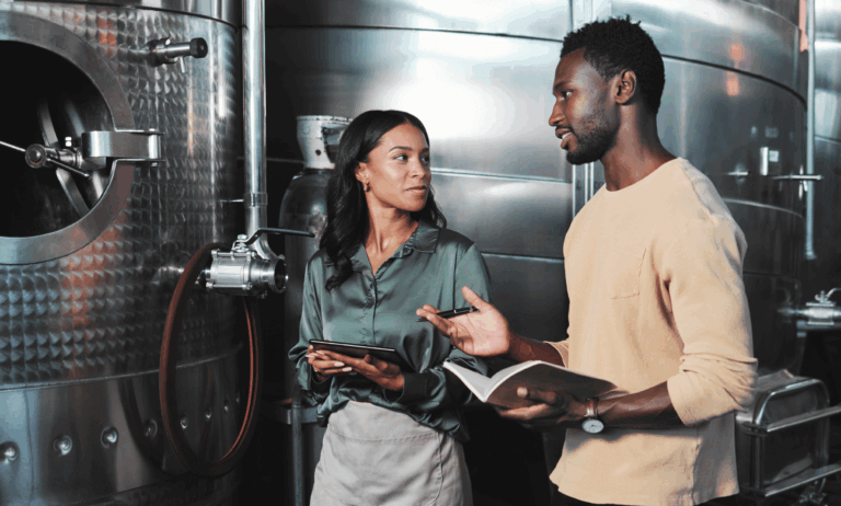 Two people looking at each other.