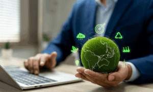 Someone using a laptop and holding a globe