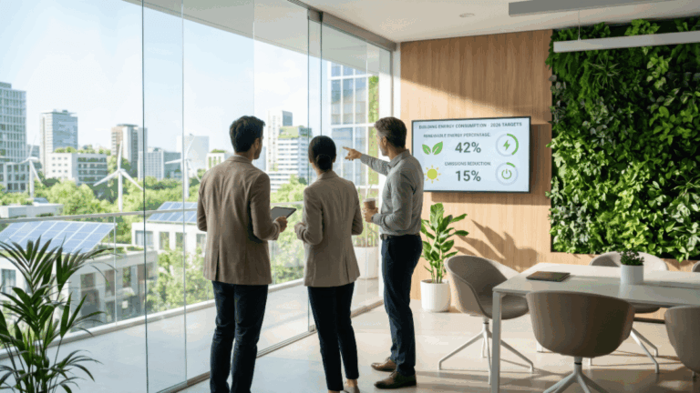 Diverse business team analyzing sustainability metrics on digital screen in modern eco-friendly office with green wall, discussing renewable energy and environmental impact.